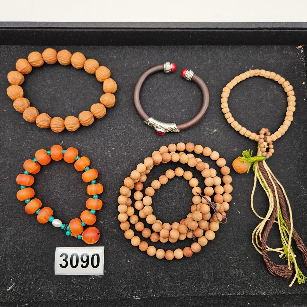 WOOD BEADED BRACELET LOT MALA PRAYER STYLE STRETCH TASSEL ORANGE TURQUOISE